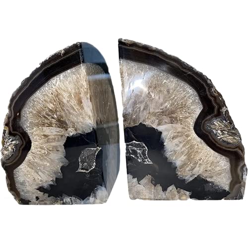 JIC Gem Black Agate Bookend(s) Bookends for Shelves to Hold Books geode bookends with Rubber Bumpers for Office and Home Decoration(1 Pair 2 to 3 Lbs) - color: Black Dyed, size: 2-3LBS.