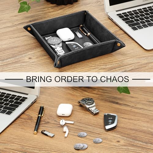SITHON Valet Tray Desktop Storage Organizer – Premium PU Leather Catchall Bedside Vanity Tray Nightstand Caddy Holder for Keys, Phone, Wallet, Coin, Jewelry, Valentine's Day Gift, Black - color: Black