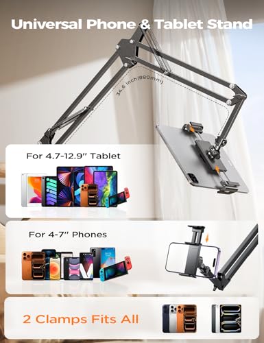 LISEN Tablet Stand iPad Stand for Desk Mount [Ultra Sturdy 2 Clamps] iPad Holder for Tablet Holder Mount Desk Accessories for Men fits iPad Air, iPad 12, iPhone 17e, 4-13" Device (Black) - color: Black