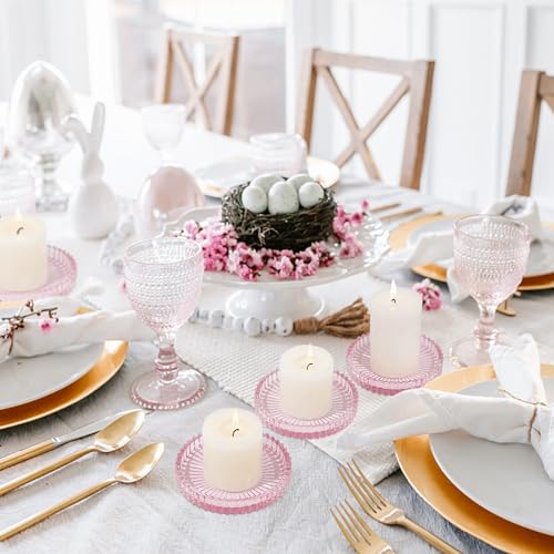 Glass Pillar Candle Holder, 4" Pink Candle Plates Set of 6, Glass Candle Holders for Wedding, Party, Holiday, Home Decor, Table Centerpiece - color: Pink, size: 6 pcs