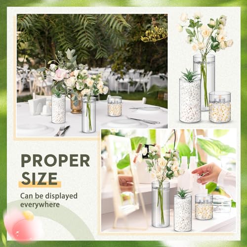 Nuogo 36 Pcs Plastic Cylinder Vases Tall Plastic Flower Vases for Centerpieces Hurricane Candle Holder for Home Wedding Office Party Formal Dinners Decorations (4''/6''/8'')