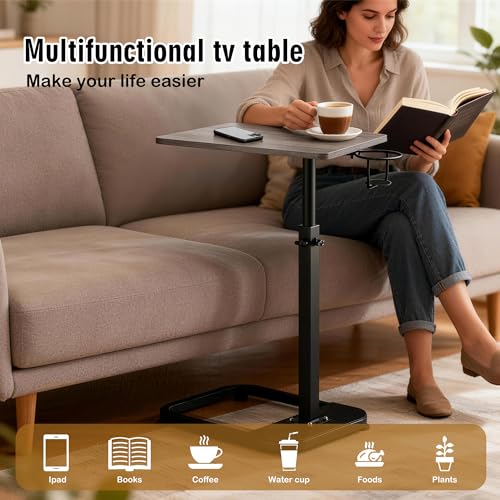 facka Adjustable Gray TV Tray Table with Rounded Metal Corners, C-Shaped Snack Table for Couch, Sofa, Bed or Chair, Small Space Side Table for Eating, Dinner, or Laptop Use - color: Grey