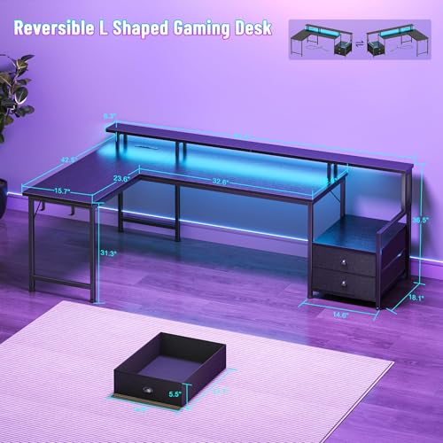 Korfile 66'' L Shaped Gaming Desk with Drawers and Storage Shelves, Reversible Corner Desk with Power Outlets and Host Stand, Large Computer Desk with Led Lights for Gaming, Work, Home Office, Black - color: Black