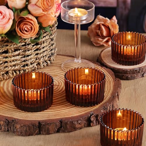 HAVITI 24 Pcs Large Tea Light Holders, Amber Glass Candle Holders, Votive Candle Holders for Table Centerpiece Wedding Table Decor - color: Amber