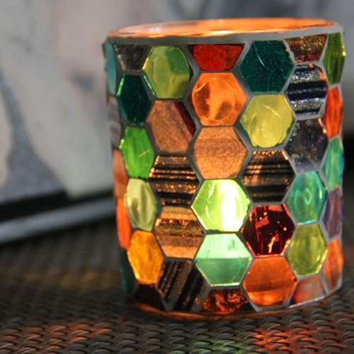 Moroccan Mosaic Glass Tea Light Candle Holder, Vintage Glass Cup Candlestick Tabletop Ornament, Mosaic Candle Holder Stained Tealight