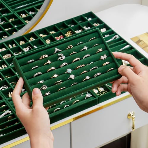 SPAKOWN Jewelry Drawer Organizer Inserts Set of 9, Jewelry Trays for Drawers Velvet Jewelry Organizer Tray Drawer Jewelry Organizers and Storage for Earring Ring Necklace Watch Bracelet (Green) - color: Green