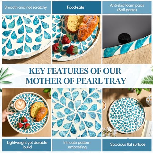 Chunful Mother of Pearl Round Serving Tray Wood Coffee Table Tray 10.4 Inch for Tea Breakfast Kitchen Cabinet(Teal Floral Style) - style: Teal Floral Style