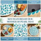 Chunful Mother of Pearl Round Serving Tray Wood Coffee Table Tray 10.4 Inch for Tea Breakfast Kitchen Cabinet(Teal Floral Style) - style: Teal Floral Style