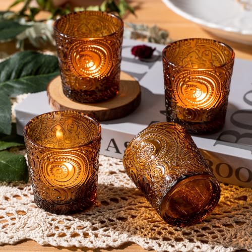 12 Pack Sun Moon Star Embossed Glass Tea Light Candle Holders - Votive Candle Holders for Wedding, Party, Home Decor, and Table Centerpieces (Chestnut Brown) - color: Chestnut Brown