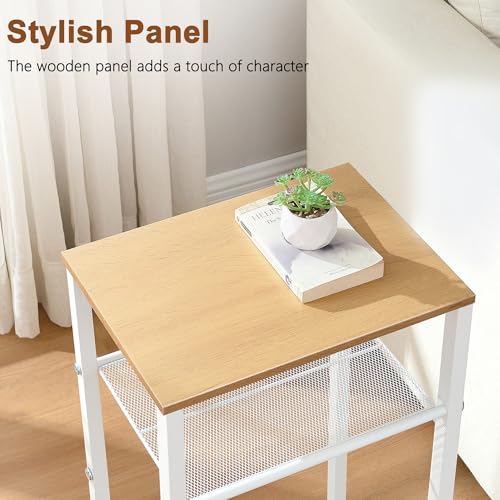 Hoctieon 2-Set 3 Tier End Table, Telephone Table Set of 2, Tall Side Table with Storage Set of 2, Small Nightstand for Small Spaces, Metal Frame, White and Yellow Oak - color: White+yellow Oak, size: 2 Pack