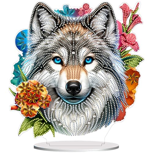 5D Tabletop Diamond Art Kit Flower Wolf, Stand Up Special Shaped Crystal Diamond Art Desktop Kits for Adults, DIY Diamond Painting Kits Craft, Box Package - color: Flower Wolf
