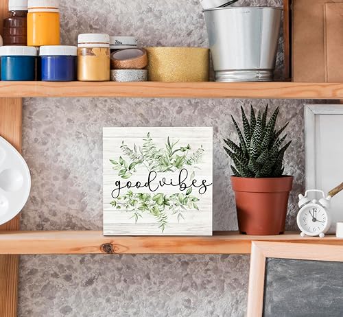 SRADMO Inspirational Botanical Eucalyptus Leaves Wood Box Sign Desk Decor, Green Rustic Eucalyptus Leaves Wooden Block Box Sign Decor for Home Office Shelf Table Decorative Accessories - color: green, size: 5″×5″