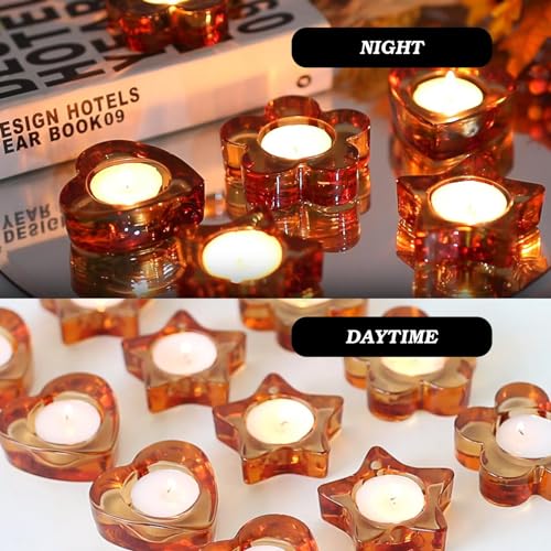 Votive Candle Holders Set of 12 for Table Centerpiece（3 Sizes,Heart/Flower/Star,Amber Glass Tea Light Candle Holders Bulk for Birthday Party,Wedding,Fall Home Decor, Festival Decorative(Amber) - color: Amber