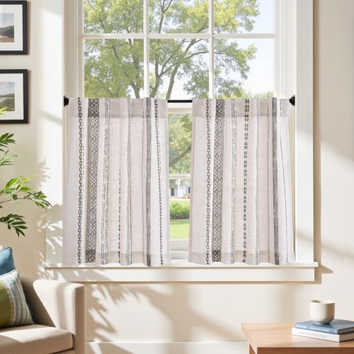 jinchan Boho Kitchen Curtains 24 Inch Linen Tier Curtains with Geometric Pattern Bohemian Cafe Small Light Filtering Window Treatment for Living Room RV Back Tab 2 PanelsBlack on Linen - color: Liora | Black on Linen, size: 26"W x 24"L (Pack of 2)