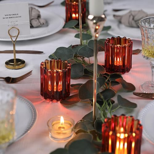 HAVITI 6 Pcs Votive Candle Holder, Amber Glass Vintage Candle Holders, Tealight Candle Holder for Boho Fall Wedding Centerpieces Dinner Party Table Decor - color: Amber