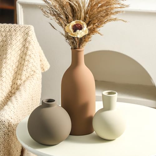 Vase Set of 3 | Ceramic Neutral Vases Home Decor | Rustic Flower Pottery Vases Modern Farmhouse Vase for Table Entryway Mantel Centerpiece Bookshelf Living Room Bathroom Bedroom -Brown Large - color: Brown - Larger