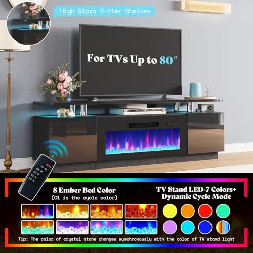 AMERLIFE Fireplace TV Stand with 36" Fireplace, 70" Modern Fireplace Entertainment Center LED Lights, 2 Tier TV Console Cabinet for TVs Up to 80", Obsidian Black - color: Black, size: 70"