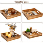 YOUEON Set of 2 Acacia Wood Serving Tray with Handles, 10x10x2 Inch Decorative Serving Trays for Food, Ottoman Tray, Square Coffee Table Trays for Dinner, Coffee, Wine, Appetizer