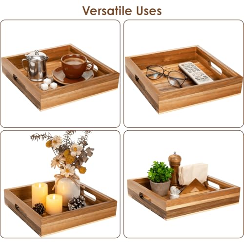 YOUEON Set of 2 Acacia Wood Serving Tray with Handles, 10x10x2 Inch Decorative Serving Trays for Food, Ottoman Tray, Square Coffee Table Trays for Dinner, Coffee, Wine, Appetizer