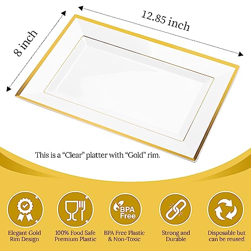 Mint Living-Elegant Plastic Serving Tray & Platter Set (3pk)-Clear & Gold Rim Disposable Serving Trays & Platters for Food - Weddings, Parties, Dessert Table, Cupcakes - 8x13 inches (Clear + Gold) - color: Clear + Gold (3 Pack)