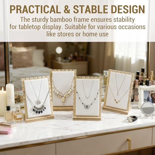 MyGift Set of 4 Bamboo and White Panel Jewelry Display Boards, Tabletop Necklace and Pendant Holder Stands for Retail or Home Organization - color: White, Set of 4
