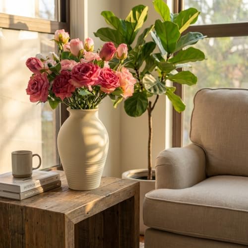 Ceramic Vase - Large & Elegant Farmhouse-Style Vases for Rustic Vintage Home Decor: Living Room, Bedroom, Office, Dining + More - Perfect for Tables, Shelves, Fireplaces & Coffee Desks (White) - color: White