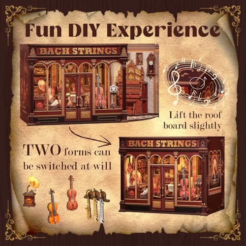 CUTEFUN Book Nook Kit - 3D Puzzle Musical Instrument Store Bookend Bookshelf Decor for Adults, Tiny House Miniature Model Building Kits, DIY Crafts Gifts for Teens & Book Lovers (Bach Strings) - style: Musical Instrument Shop