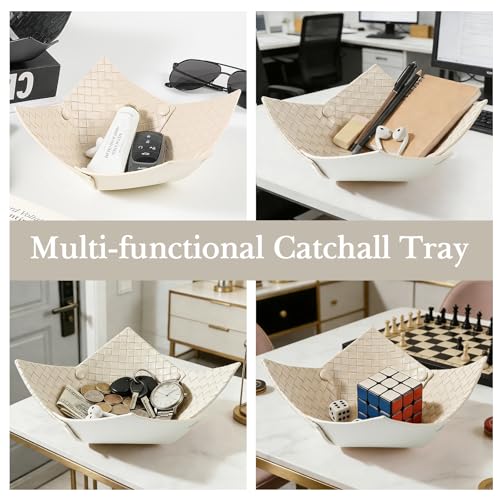 KINIVA 2 Pack PU Leather Jewelry Valet Tray for Men Women,Small Key Bowl for Entryway Table,Portable Travel Catchall Dice Tray (Bowl-White-2pcs) - style: Bowl-White-2pcs