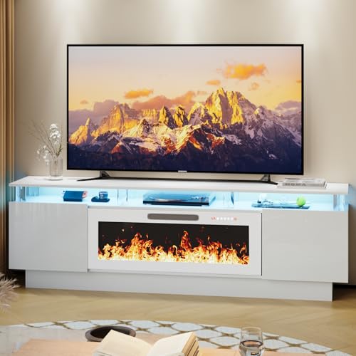 LEMBERI 70" Fireplace TV Stand for TVs up to 80 Inches with White 36'' Electric Fireplace & Remote, Modern Entertainment Center with LED Light,Woodeen TV Console for Living Room, 8 Acrylic Posts, Wht - color: White With White Fireplace (Acrylic Posts), si