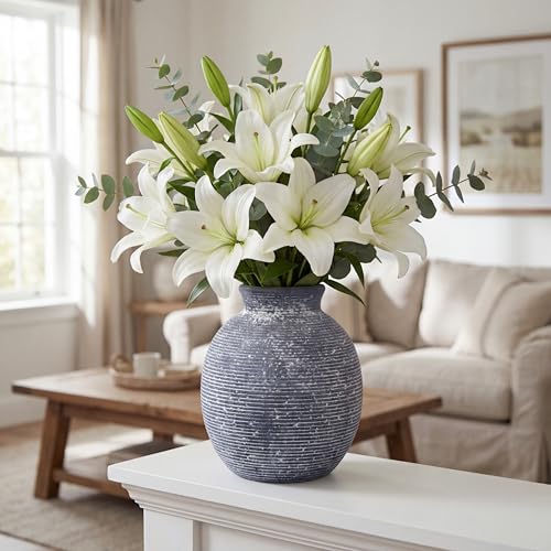 Ceramic Flower Vase for Home Decor, Rustic Farmhouse Vintage Retro Vase for Living Room, Kitchen, Bedroom, Decoration for House, Bookshelf, Dining Table, Office, Gift(7.4 inch) - color: Dark Blue-7.4"