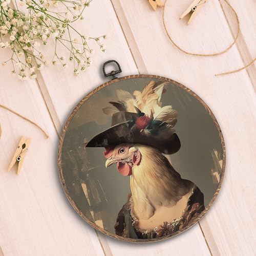 Hxlac Whimsical Chicken Round Wall Art Framed, Dark Moody Rooster Round Wall Decor, Rustic Farm Animal Chicken Hanging Canvas Prints Wall Sculptures for Kitchen Bedroom Living Room Decor, 10x10 Inch - color: chicken