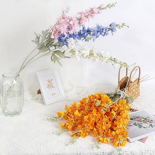 8pcs Delphinium Artificial Flowers 33.5in Long Stem Larkspur Fake Silk Flowers for Tall Vase Faux Flowers for Home Wedding Baby Shower Floral Arrangement Centerpiece Table Decorations (Orange) - color: Orange
