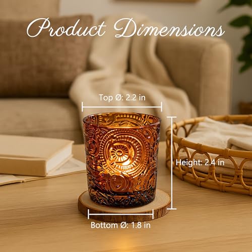 6 Pack Sun Moon Star Embossed Glass Tea Light Candle Holders - Votive Candle Holders for Wedding, Party, Home Decor, and Table Centerpieces (Chestnut Brown) - color: Chestnut Brown