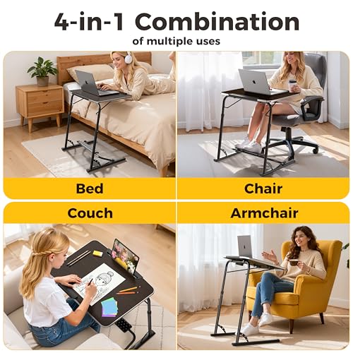 FoldWise Upgraded Folding TV Tray Table - Extra Large & Sturdy Laptop Table for Couch, Height & Angle Adjustable Desk for Dinner, Work & TV - Includes Footrest, Cup Holder, iPad Holder & Edge Stopper - color: (Black) - Dark Wood Mahogany