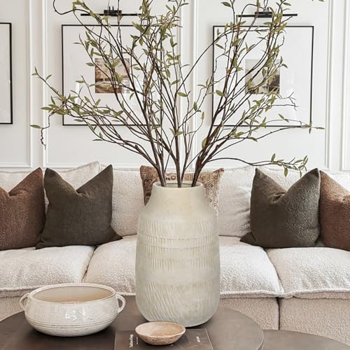 11" Rustic Ceramic Vase with Irregular Flutes Texture & Sand-Grain Surface, Antique Vase for Pampas & Vibrant Flowers, Warm-Toned Style, Beige White - color: 11" Beige White