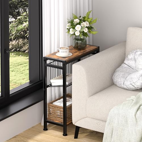 Small Side Table Set of 2 for Small Space, 3-Tier Narrow End Table with Magazine Holder, Slim Nightstand, Skinny Snack Couch Table in Living Room, Bedroom and Balcony (Rustic Brown &Black) - color: Rustic Brown-2pcs