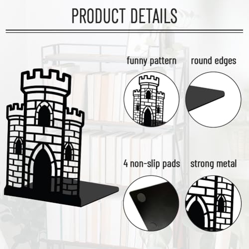 WADORN 1 Pair Vintage Castle Decorative Bookends, Medieval Period Castle Heavy Duty Metal Book Stands Black Novelty Non-Skid Book Stopper for Library Home Office Dorm Reading Room, 5.3x4.3x7.9 Inch - color: Medieval Castle