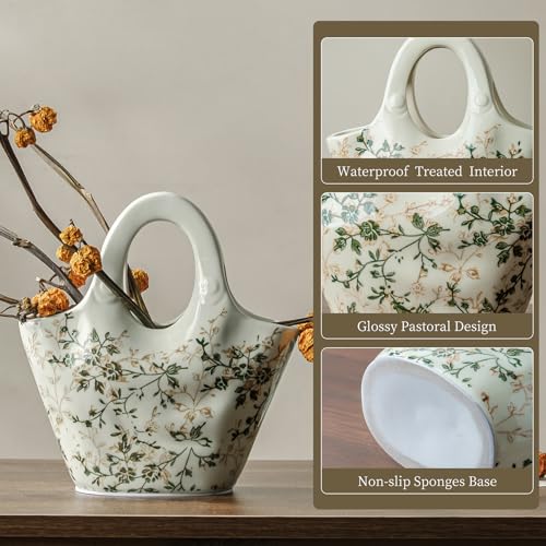 for Mom from Daughter or Son, Ceramic Purse Vase 9”, Vintage Green & Beige Floral Handbag Vase, Rustic Farmhouse Decor for Living Room, Bedroom, Table Centerpiece, Chinoiserie Style - color: 04-green and Beige