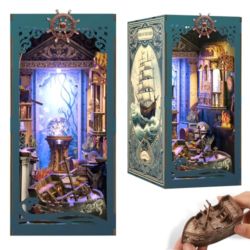 Book Nook Kit with Dust Cover & Stickers, Dust Cover, Bookshelf Insert Decor for Birthday, 3D Wooden Bookends Puzzle, Miniature Dollhouse Kit for Adults, Teens, Beginners（Mysterious Underwater） - style: Mysterious Underwater