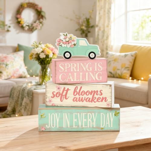 Spring Decoration Wooden Tiered Tray Decor – Floral Spring Pickup Truck Stacked Block Sign with Blooming Flower Topper – Farmhouse Tabletop Spring Decor for Shelf Mantel Seasonal Home Display - style: Spring Truck