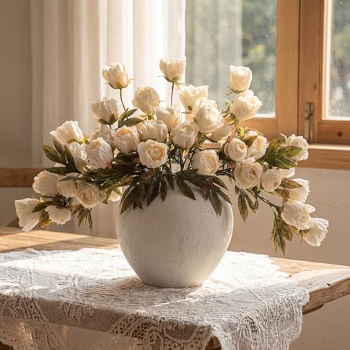 Thiccywoov 8 Pcs Beige Faux Peony Stems Flowers Bulk Vintage Artificial Silk Peonies Stems Real Look Fake Peonies Branches for Vase Filler DIY Bouquet Centerpieces Home Indoor Outdoor Decorations - color: Champagne