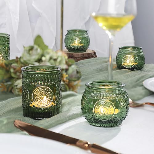 36 Pcs Green Candle Holders Bulk for Wedding Table Centerpieces - Assorted Glass Tea Light Holders for Vintage Wedding Table Centerpieces, Bridal or Baby Shower Decoration - color: Green