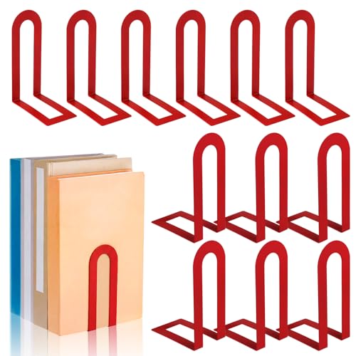 Chunful 12 Pcs Modern Metal Book Ends for Shelves Decorative Small Bookends Book Shelf Organizer Minimalist Design Stopper to Hold Books for Home Office (Red,5.5 * 3.75 * 2.25inch) - color: Red, size: 5.5*3.75*2.25inch