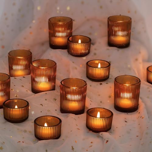 Hewory Glass Tealight Candle Holder: 24 Pcs Amber Votive Candle Holders Tea Lights Candle Holder, Ribbed Tea Light Holders Fall Decorations for Thanksgiving Table Centerpiece Wedding Party Home Decor - color: Amber, size: 24PCS