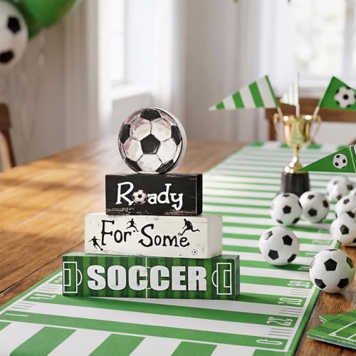 Smile Soccer Wooden Block Decor Set, 4-Piece Ready For Some Soccer Blocks & Soccer Ball Tiered Tray Tabletop Signs for Game Day & Sports Party Decorations - style: Goal