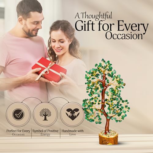 YATSKIA Green Aventurine Gemstone Tree Natural Stone Feng Shui Wire Bonsai Seven Chakra Jewelry Trees of Life Necklace Good Luck Handmade Prosperity Success Stones Gift Home Office Desk Shelves Décor - color: Green Aventurine (Golden Wire)