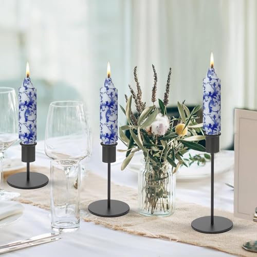 NJAO HOO Floral Taper Candles 5 Inch Short Candlesticks Hand Printed Blue and White Candlesticks Unscented Tapered Candle Set for Spring Home Garden Decor, 4Pcs - color: Blue White, size: 5 In