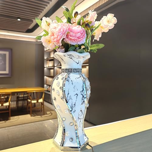 Modern Decorative Vase,Silver Flower Vase for Home Decor with Rhinestone,30 cm Luxury Ceramic Vase for Centerpiece,Living Room,Bedroom,Large Flower Vase - style: 30cm Sliver--Beads