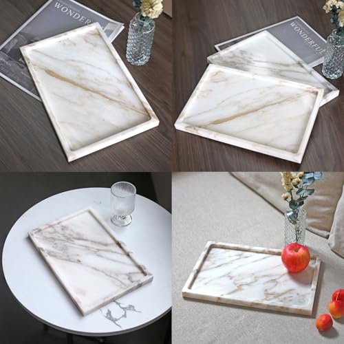 100% Natural Marble Serving Tray Luxury Marble Storage Tray for Home Decor Stone Tray for Bathroom/Kitchen/Vanity/Dresser,Plate Holder for Tissues, Candles, Towel - color: Marble Tray-calacatta Glod