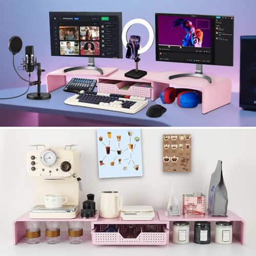 LEKETREE Dual Monitor Stand Riser with Drawer, Desk Organizer and Accessories, Pink Monitor Stand for Desk, Desktop Stand for Computer, Laptop, TV and More (Pink) - color: Pink